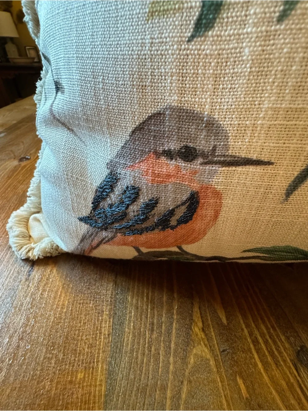 Source Unknown Cream Throw Pillow with Colorful Bird Print and Fringe